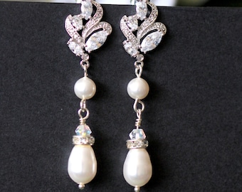 Rhinestone Pearl Leaf Bridal Earrings, Pearl Drop Bridal Earrings, Vintage Style  Bridal Earrings, Silver Wedding Jewelry, AKIHA