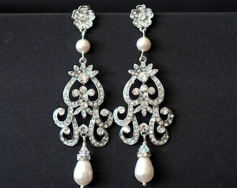 Crystal and Pearl Wedding Earrings, Rhinestone Pearl Bridal Earrings, Chandelier Bridal Earrings, Vintage Style Bridal Jewelry, ZAHARA
