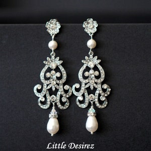 Crystal and Pearl Wedding Earrings, Rhinestone Pearl Bridal Earrings, Chandelier Bridal Earrings, Vintage Style Bridal Jewelry, ZAHARA