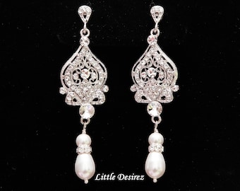 Crystal Rhinestone Bridal Earrings, Pearl Teardrop Chandelier Wedding Jewelry ARIANA