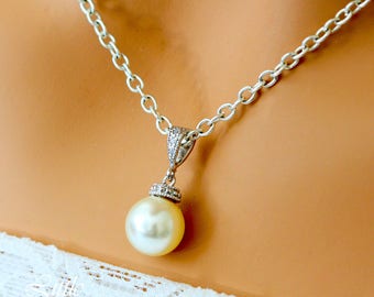 Cream Pearl Necklace Swarovski Cream Pearl Bridal Pearl Necklace Bridesmaid Pearl Necklace Cubic Zirconia Sterling Silver Pearl Jewelry P44N