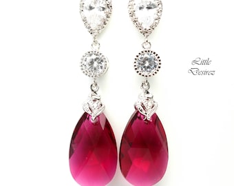 Fuchsia Earrings Pink Earrings Ruby Earrings  Ruby Crystal Teardrop Bridal Jewelry Bridesmaid Earrings Cubic Zirconia RP32PC
