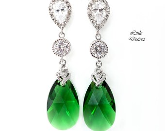 Green Earrings Emerald Earrings Bridal Earrings Long Crystal Earrings Dark Green Earrings Forest Green Cubic Zirconia Bridesmaid Gift DM32PC