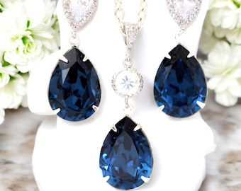 Navy Blue Bridesmaid Jewelry Navy Blue Bridal Set Navy Blue Jewelry Set Pear Bridal Jewelry Bridal Party Jewelry Set Navy Earrings MO31JS