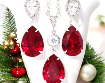 Conjunto de pendientes y collar rojos Conjunto de pendientes y collar de cristal Conjunto de regalo para damas de honor Circonita cúbica Rojo oscuro Rojo intenso Carmesí SI31JS