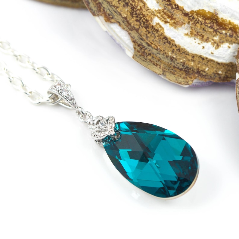 Teal Swarovski Crystal Jewelry Set, Rhodium Plated Necklace and Earrings BZ32JS image 3