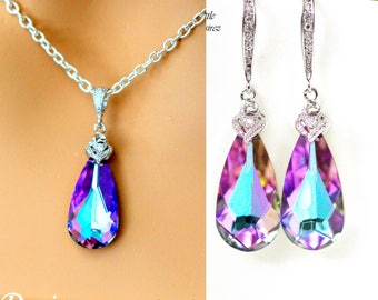 Vitrail Light Crystal Necklace Set with Earrings Jewelry Set Bridesmaid Gift Bridemaid Jewelry Silver Necklace Earring Set VL33JS