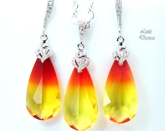 Jewelry Set Earrings and Necklace Set Bridal Jewelry Bridesmaid Set Swarovski Fire Opal Yellow & Red Earrings Wedding Jewelry FO33JS
