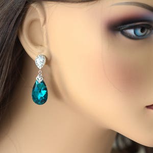 Teal Swarovski Crystal Jewelry Set, Rhodium Plated Necklace and Earrings BZ32JS image 4