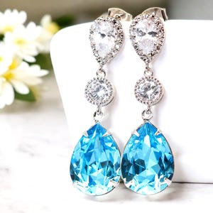 Aquamarine Earrings Aqua Blue Earrings Something Blue ideas Bridal Earrings Bridesmaid Earrings Gift for Her CZ Earrings  AQ31PC