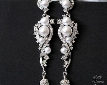 Long Pearl Earrings for Women | Bridal Jewelry Set | Chandelier Earrings | Silver Cluster Bird | Gift for Her | Modernist Dangle Earrings