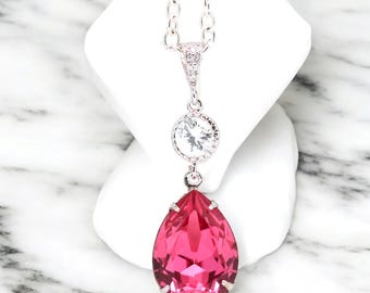 Hot Pink Necklace Crystal Pink Necklace Bridal Teardrop