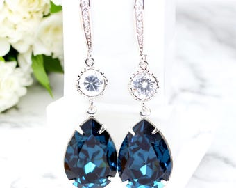 Blue Navy Earrings Bridesmaid Earrings Navy Blue Bridal Earrings Navy Blue Earrings Crystal Dangle Earrings Long Earrings Navy MO31HC