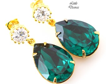 Emerald Post Earrings Green Earrings Teardrop Crystal Emerald Green Jewelry Cubic Zirconia 16k Gold Plated Bridesmaid Gift Christmas EM31H