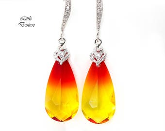Yellow & Red Earrings Fire Opal Crystal Statement Earrings Sterling Silver Teardrop Bridal Earrings Bridesmaid Earrings FO33H