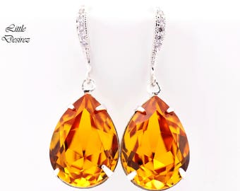 Topaz Earrings Crystal Earrings Pear Crystal Teardrop Earrings Dark Orange Sterling Silver Rhodium Plated Bridesmaid Earrings TO31H