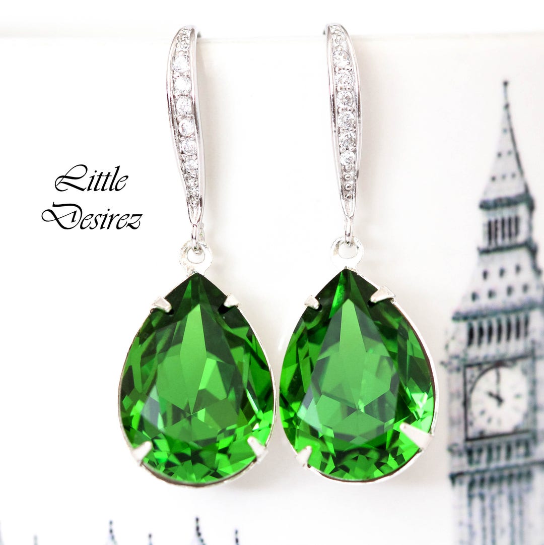 Green Earrings Bright Green Earrings Bridesmaid Earrings Crystal Fern ...