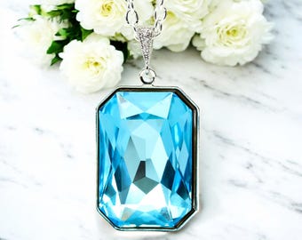 Aquamarine Blau Halskette Light Blue Anhänger Große Kristall Smaragd Cut Hochzeit Schmuck etwas Blau Brautjungfer Halskette AQ41N