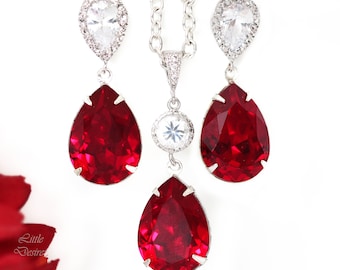 Red Earrings and Necklace Set  Crystal Earrings & Necklace Set Bridesmaid Gift Set Cubic Zirconia Dark Red Deep Red Crimson SI31JS