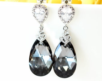 Grey Earrings Charcoal Earrings Gift for Her Bridesmaids Earrings Crystal Earrings Gray Earrings Black Diamond Cubic Zirconia Earrings SN32P