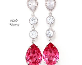 Pink Earrings Fuchsia Earrings  Hot Pink Earrings Long Crystal Earrings Magenta Earrings Sparkly Pink Bridal Earrings RP31PCC