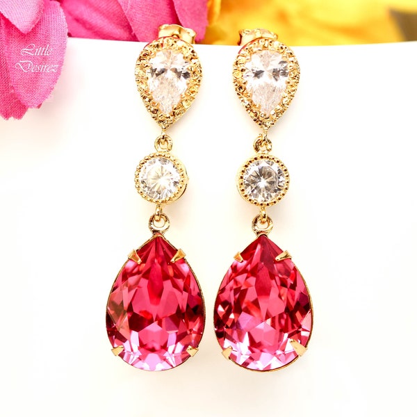 Pink Bridal Earrings Gold Earrings Fuchsia Earrings Hot Pink Earrings  Stone Cubic Zirconia Bridesmaid Earrings Dark Pink RP31PC