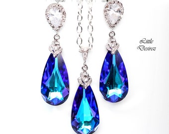 Conjunto de colar e brincos roxos, conjunto de joias para noivas, presente para madrinhas, zircônia cúbica heliotrópio, prata de lei, roxo e azul HE33JS