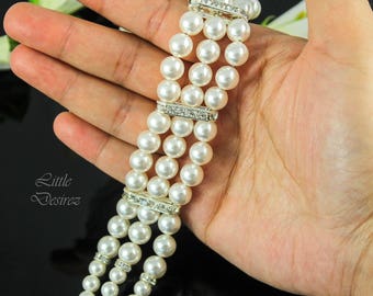 White Pearl Bracelet Wedding Bracelet Bridal Bracelet  Pearl Cuff Bracelet Multistrand Bracelet Rhinestone Pearl Jewelry HELEN