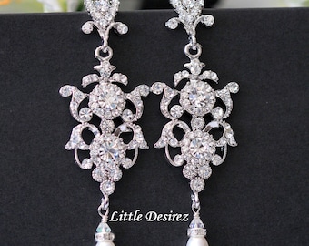 Pendientes de boda con diamantes de imitación, pendientes de novia, pendientes de perlas de cristal, pendientes estilo Hollywood antiguo, joyería de boda con perlas ELEANOR