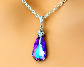 Collar morado con colgante de cristal claro Vitrail, colgante en forma de lágrima, collar nupcial, regalo de dama de honor, collar morado y rosa VL33N