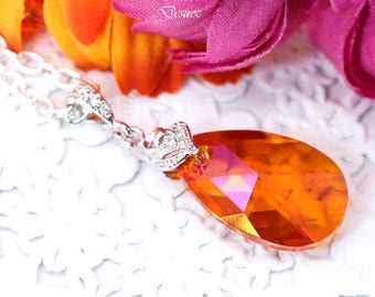 Astral Pink Necklace Orange Necklace Orange and Pink Fuchsia Bridesmaid Gift Silver Necklace Teardrop Pendant Dual Colors AP32N