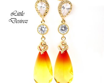 Yellow & Red Earrings Swarovski Fire Opal Teardrop Crystal Statement Earrings Bridal Earrings Bridesmaid Earring Sparkly Earring FO33PC
