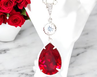 Set Gioielli Da Sposa Con Orecchini Pendenti E Collana – Strass Rossi E Zirconia Cubica, Regolabile E Leggero, Regalo Elegante Per Donna, Confezione In Astuccio Per Matrimoni E Feste