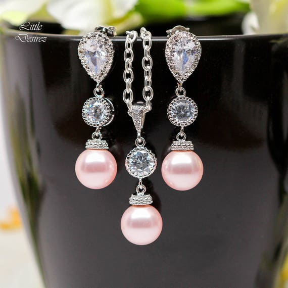 Pearl Jewelry Set Pink Earrings and Necklace Set Bridesmaid Etsy