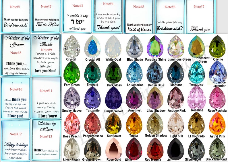 May include: A chart of 36 teardrop-shaped crystals in various colors, with a note card above each crystal listing the color name. The note cards also include text messages for different occasions, such as "Thank you for being my bridesmaid!" and "Will you be my bridesmaid?"