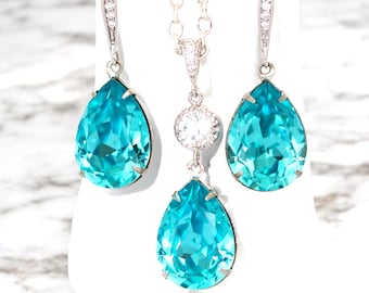 Türkis Ohrringe und Halskette Set, Brautjungfer Geschenk, etwas Blaues Schmuck, Brautschmuck, Türkis Ohrringe, Kristallschmuck TQ31JS