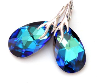 Pendientes azul pavo real, pendientes de boda de cristal azul Bermuda en forma de lágrima, pendientes de novia, pendientes con cierre de palanca, plata de ley BB32S