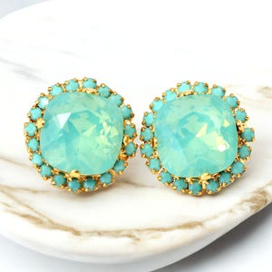 Mint Opal Stud Earrings Sea Foam Mint Green Pacific Opal Earrings Bridesmaid Earrings Wedding Jewelry Pastel Earrings Swarovski Square MT50S