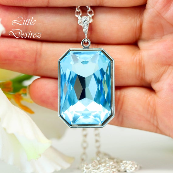 Aquamarine Blue Necklace Light Blue Pendant Large Crystal Emerald