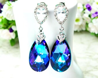 READY TO SHIP Purple Blue Jewelry Purple Earrings Pear Bridal Jewelry Crystal Earrings Peacock Earring Bridesmaid Earring Gift for Her HE32P