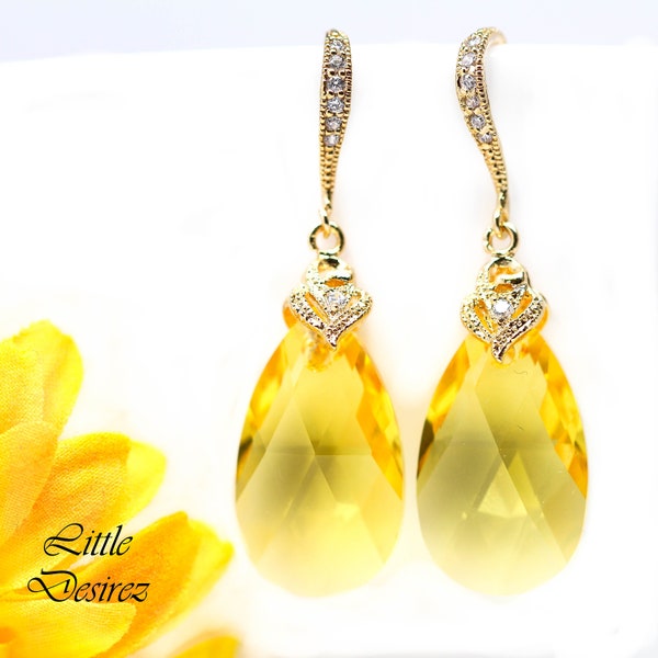 Yellow Earrings Sunflower Lemon Zest Canary Yellow Sunshine Yellow Bridesmaid Earrings  Light Topaz Crystal Gold Earring LT32H