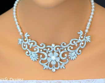 Vintage Wedding Jewelry Bridal Necklace  Pearl Bridal Jewelry Statement Necklace Bib Collar Necklace Crystal Necklace ZAHARA