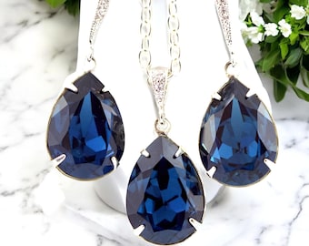 Marineblauwe sieradenset blauwe bruidsset bruidsmeisjesieraden peer bruidssieraden bruids partij sieraden set kristallen oorbellen blauw accessoire MO31JS