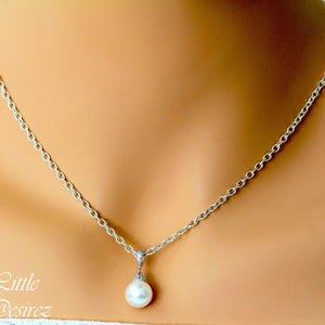 White Pearl Necklace  White Pearl Bridal Pearl Necklace Bridesmaid Pearl Necklace Cubic Zirconia Sterling Silver Pearl Jewelry P44N