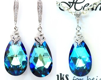 Blue Wedding Jewelry  Crystal Bermuda Blue Bridesmaid Gift Bridal Jewelry Blue Green Crystal Sterling Silver Hypoallergenic BB32JS