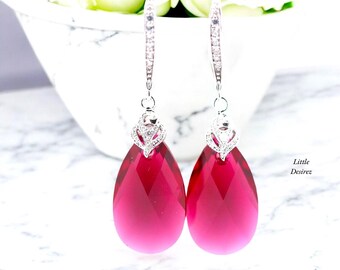 Boucles d'oreilles goutte Swarovski rubis rose, bijoux de mariée, boucles d'oreilles de demoiselle d'honneur RP32H