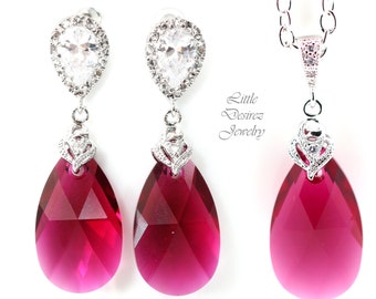 Jewelry Bridesmaid Gift Ruby Jewelry Set Pink Earrings & Necklace Dangle Earrings Hypoallergenic Cubic Zirconia Earrings RP32JS