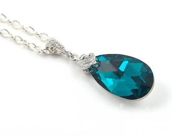Blue Zircon Swarovski Crystal Necklace, Teal Pendant Necklace, Bridal Jewelry BZ32N