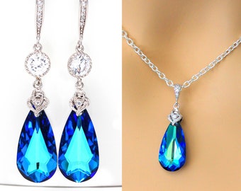 Schmuck Set Bermuda Blue Brautschmuck Set Ohrringe und Halskette Set Kristall Hochzeitsschmuck Pfau Farben Blau Grün BB33JS