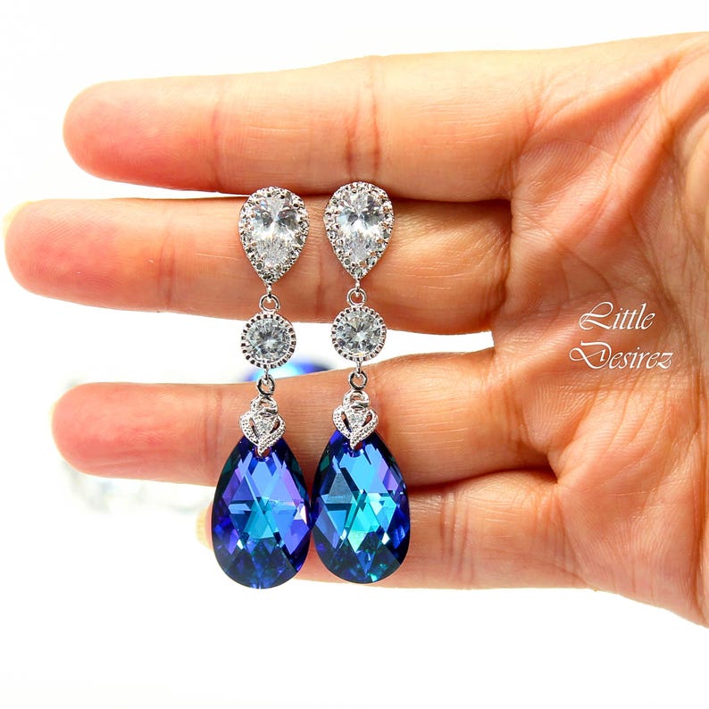 Pear Bridal Jewelry Purple /& Blue Jewelry CZ Earrings Bridesmaid Jewelry Chandelier Earrings Long Bridal Earrings Wives Gift Romantic HE32JS